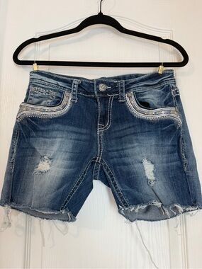 Grace Dark Blue Distressed Embellished Denim Shorts